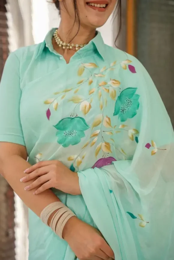 Lilith Blue Handpainted Saree - Image 3