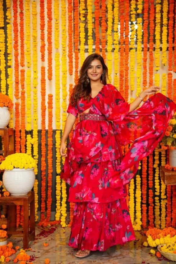 Azure chinon stylish saree - Image 4