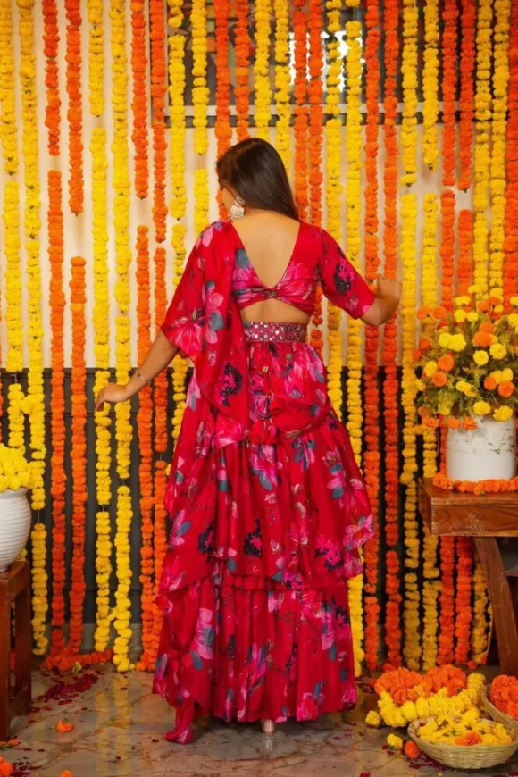 Azure chinon stylish saree - Image 5