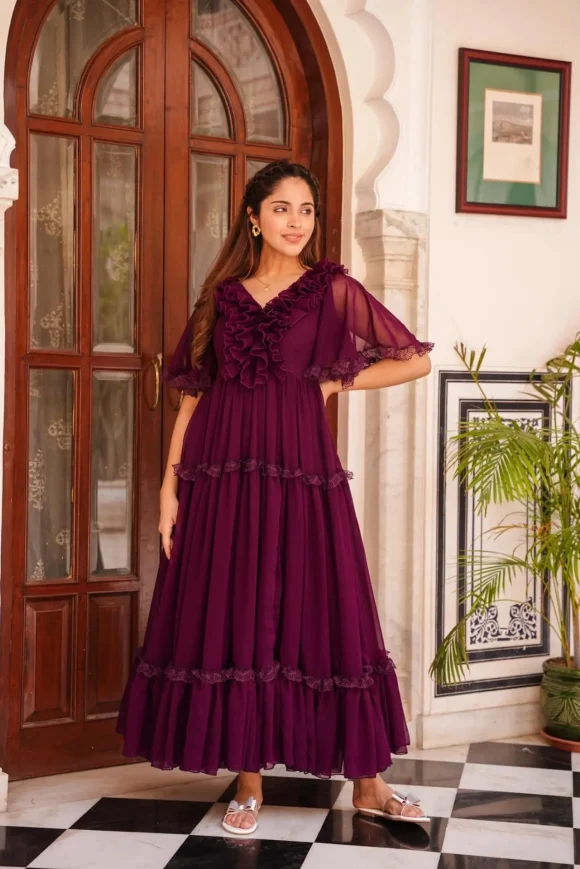 INDIGO FRILLED GEORGETTE DRESS