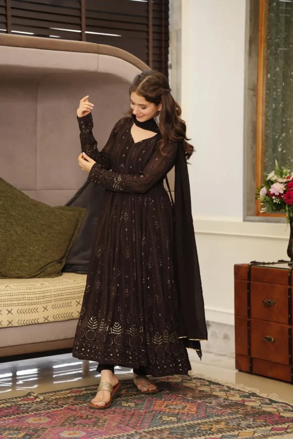 Brown Embroidered Georgette Suit Set