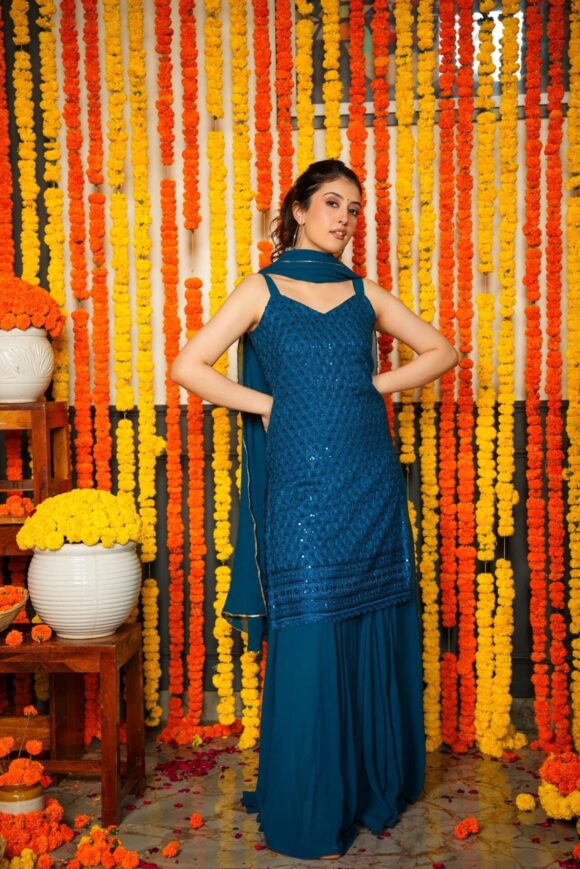Akshara blue embroidered georgette set - Image 3
