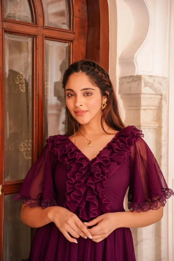 INDIGO FRILLED GEORGETTE DRESS - Image 3