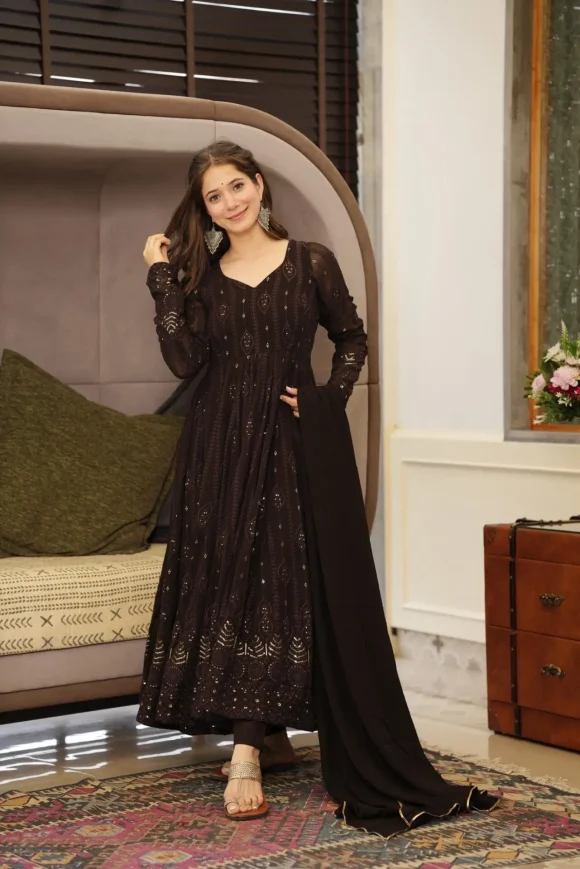Brown Embroidered Georgette Suit Set - Image 3