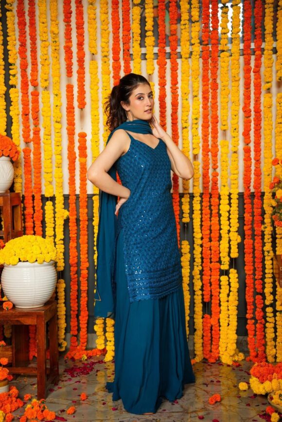 Akshara blue embroidered georgette set - Image 4