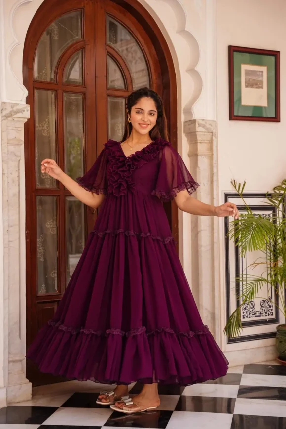 INDIGO FRILLED GEORGETTE DRESS - Image 4