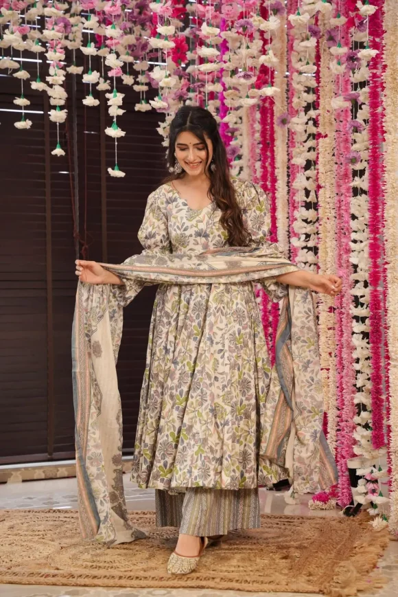 Green leaf print cotton suit set - Image 4