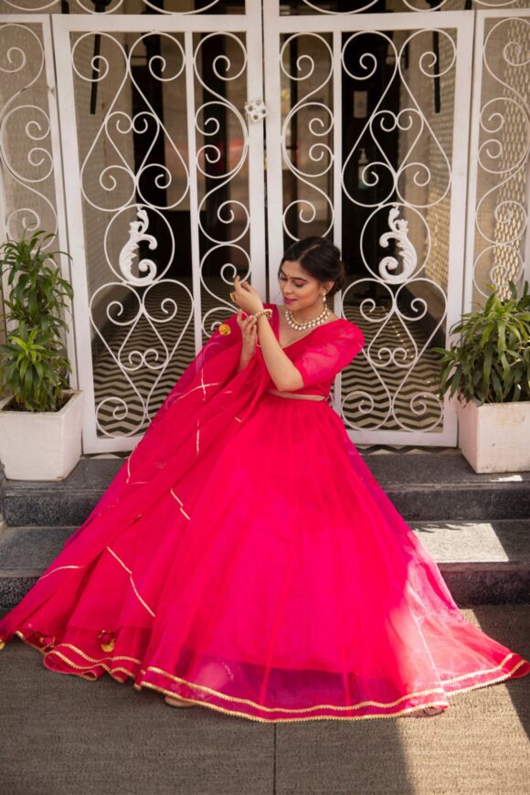 Pink organza puff sleeves lehenga - Image 2