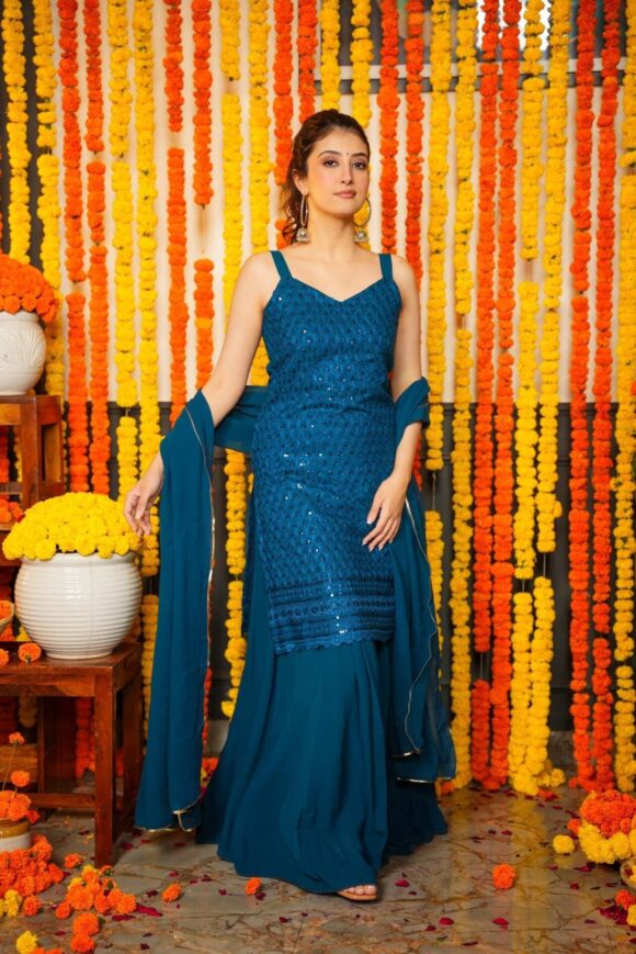 Akshara blue embroidered georgette set - Image 5