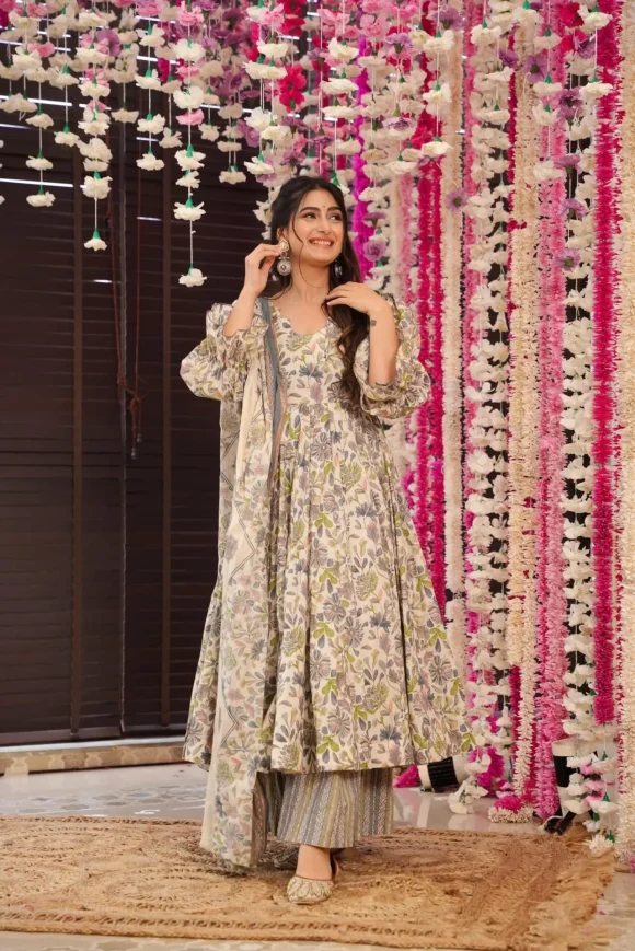 Green leaf print cotton suit set - Image 7
