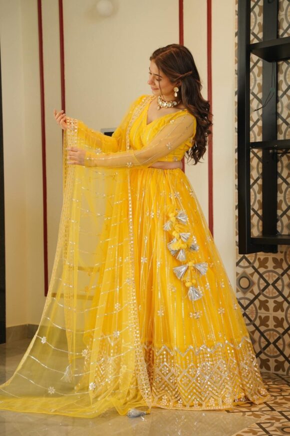 Aisha yellow net lehenga choli set - Image 3
