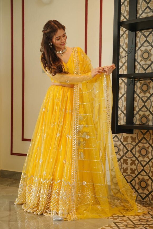 Aisha yellow net lehenga choli set - Image 5