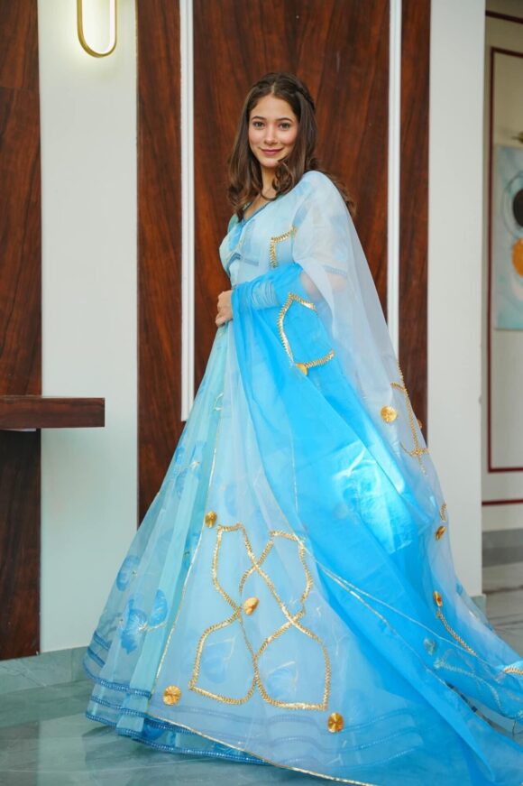 Blue glow handpainted organza lehenga choli set