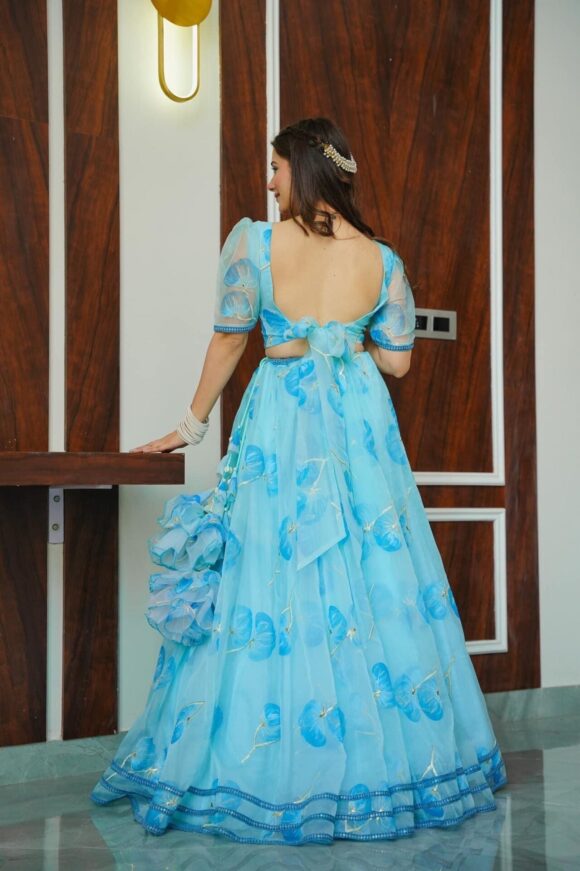 Blue glow handpainted organza lehenga choli set - Image 3