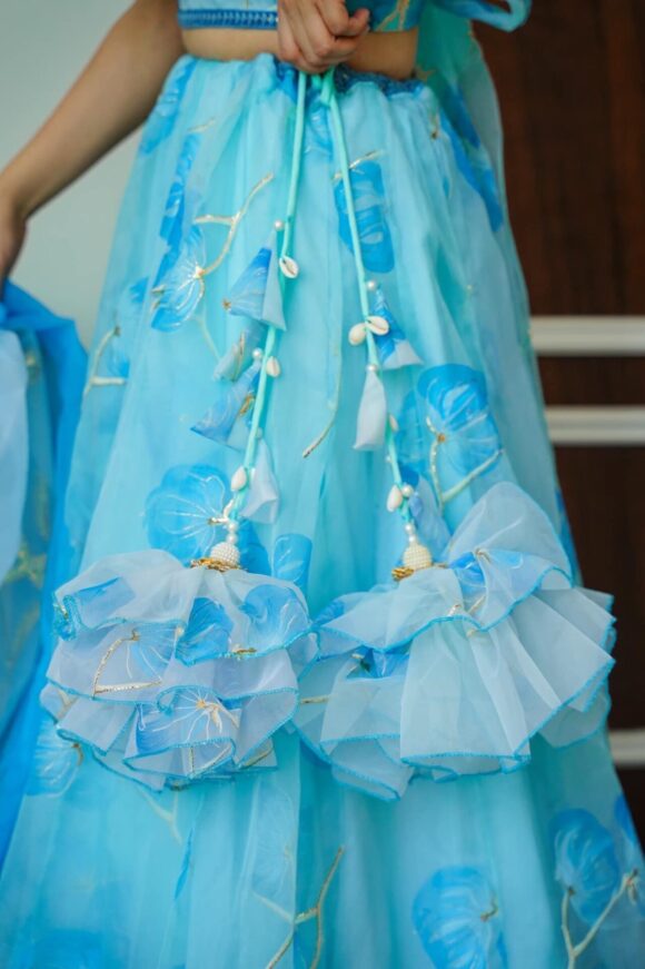 Blue glow handpainted organza lehenga choli set - Image 5