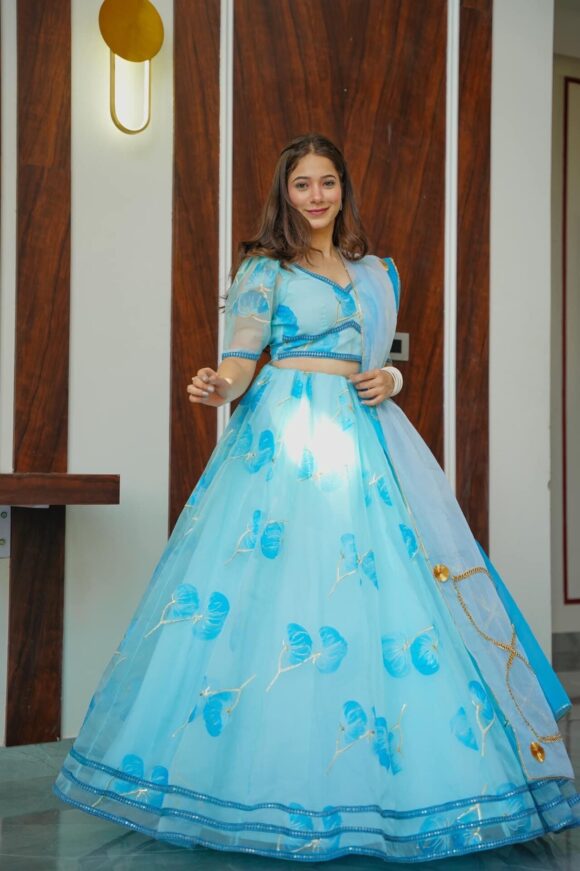 Blue glow handpainted organza lehenga choli set - Image 6