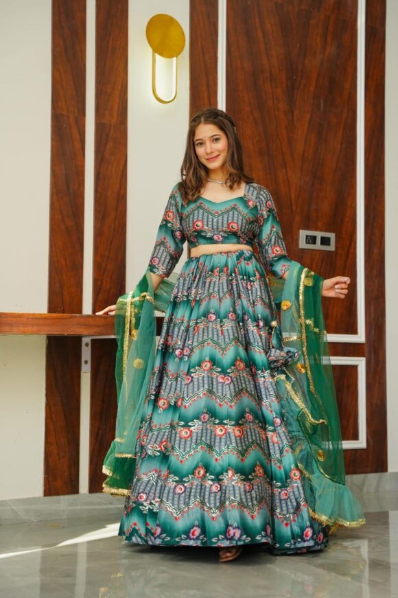 Green silk embroidered lehenga choli set - Image 5