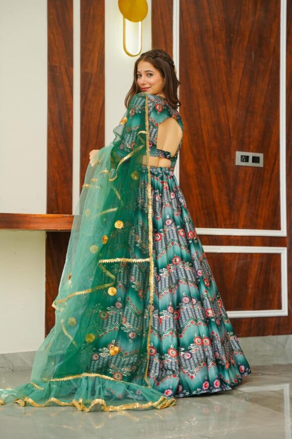 Green silk embroidered lehenga choli set - Image 6