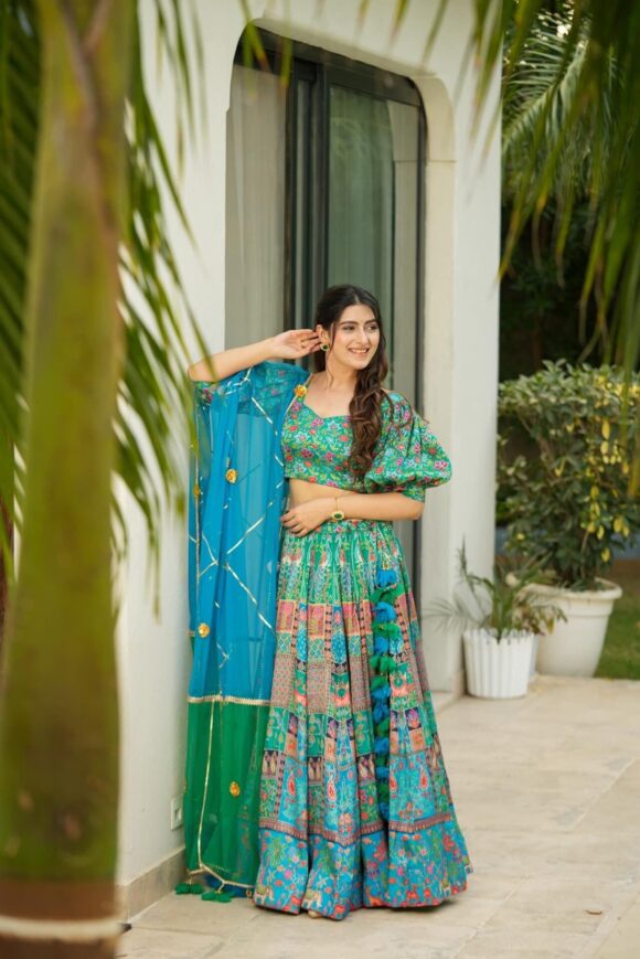 Turquoise silk lehenga set - Image 2