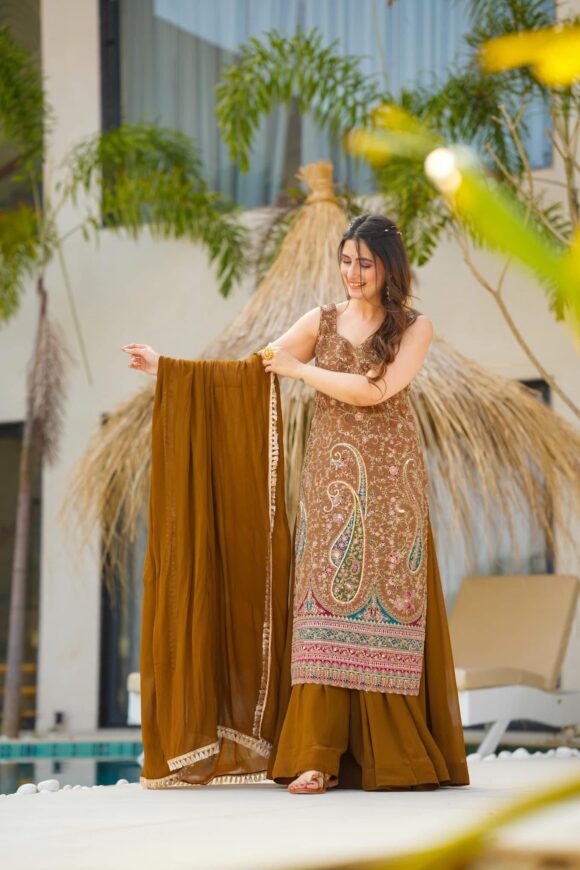 Sofia brown heavy embroidered suit set - Image 5